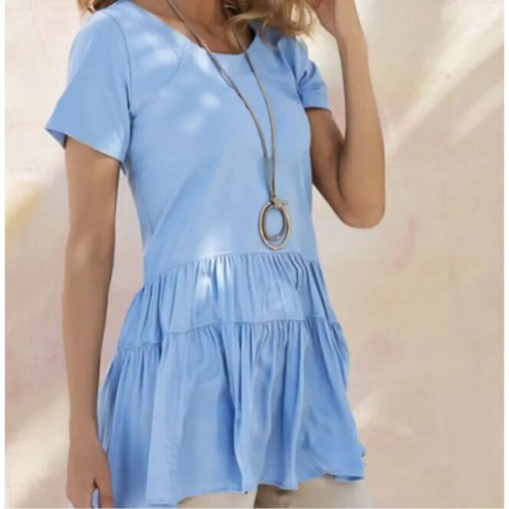 Soft Surroundings Khloe Top periwinkle Blue Tiered Satin Peplum Short Sleeve S